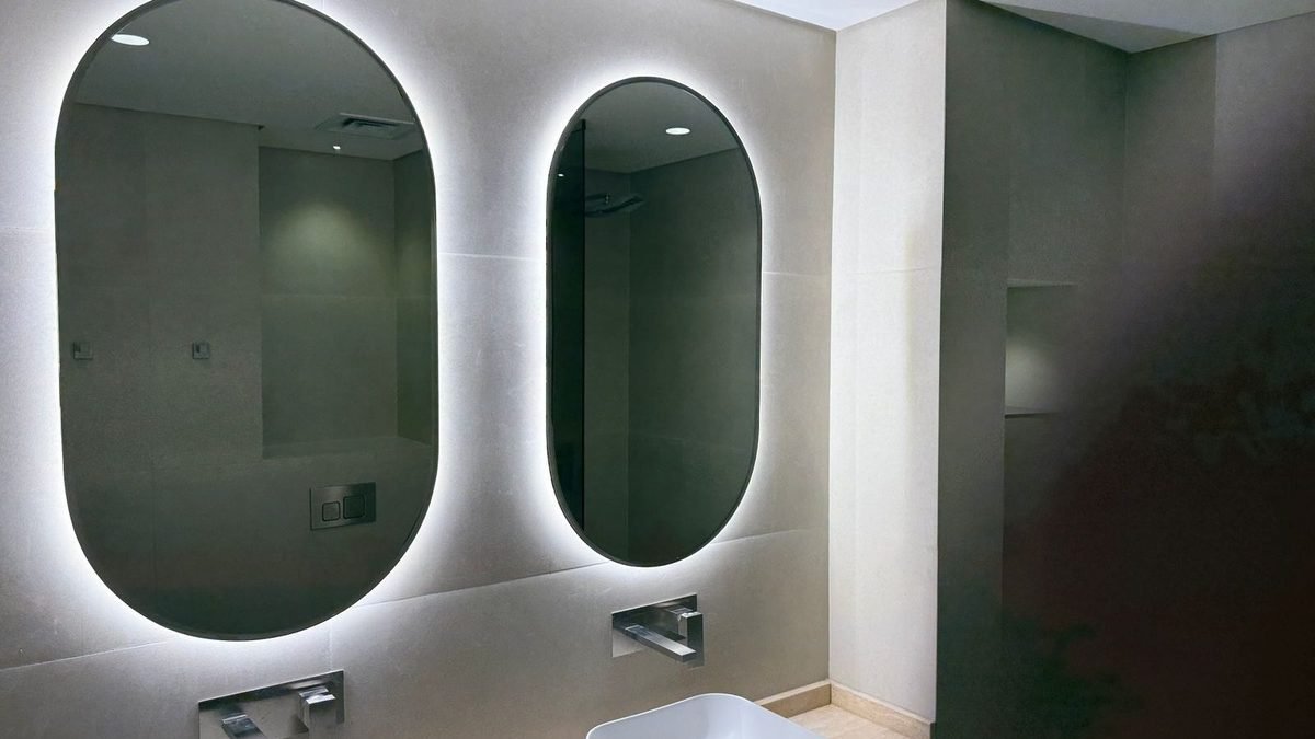 Micro-cement bathroom walls in a renovated Dubai villa