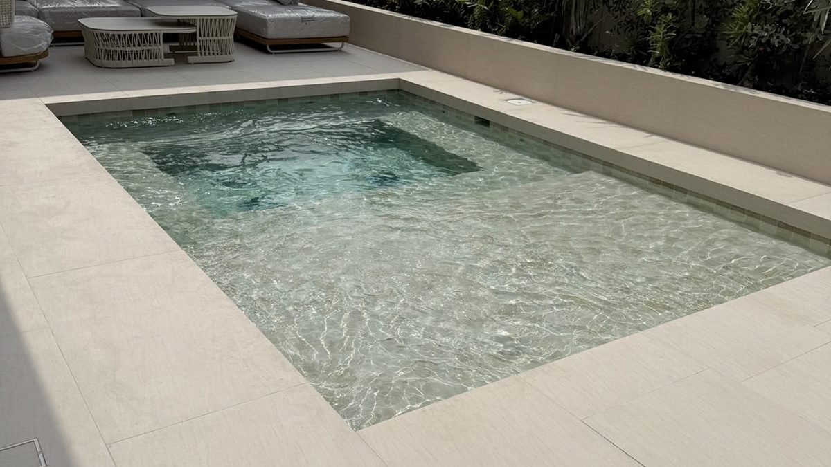 Completed swimming pool and terrace at a Dubai villa renovated by Perfect Choice